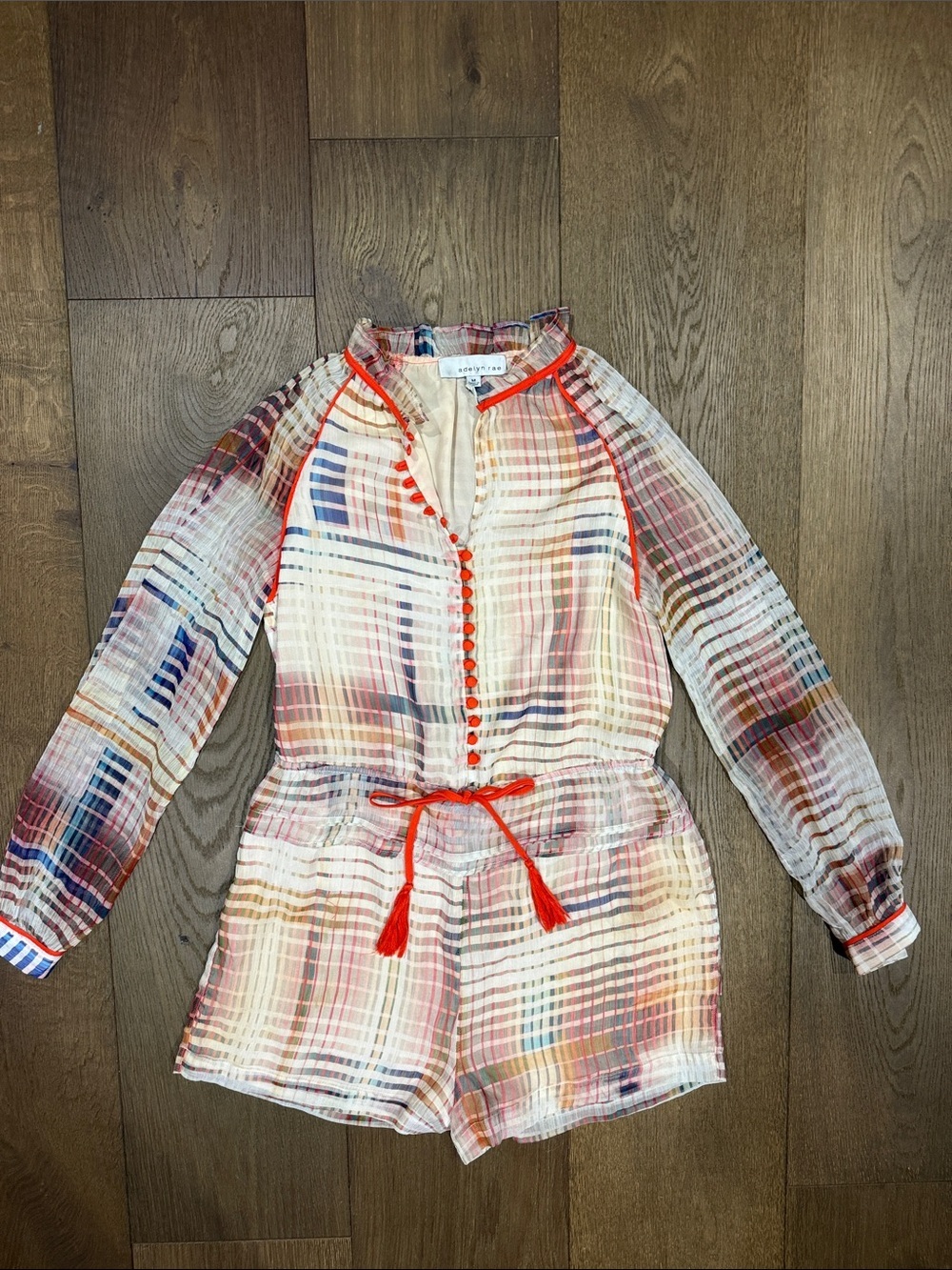 Anthropologie Adelyn Rae Grid Graphic Romper Ruffle Lined